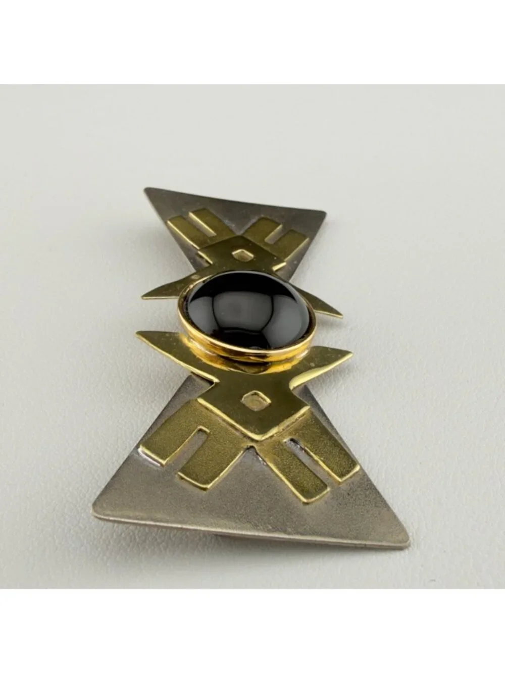 Vintage Modernist Geometric Brooch Black Cabochon Gold and Silver Tone Statement